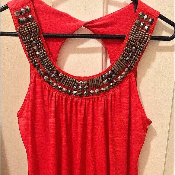 🆕🔥EXPRESS SILKY BURNT ORANGE EMBELLISHED BRONZEMOCK NECK SLEEVELESS&FITTED TOP - Picture 2 of 6